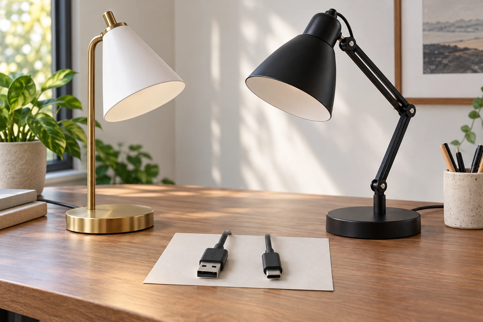 desk lamp USB ports explainer with a gold and a black desk lamp beside separate USB-A and USB-C connector shapes.