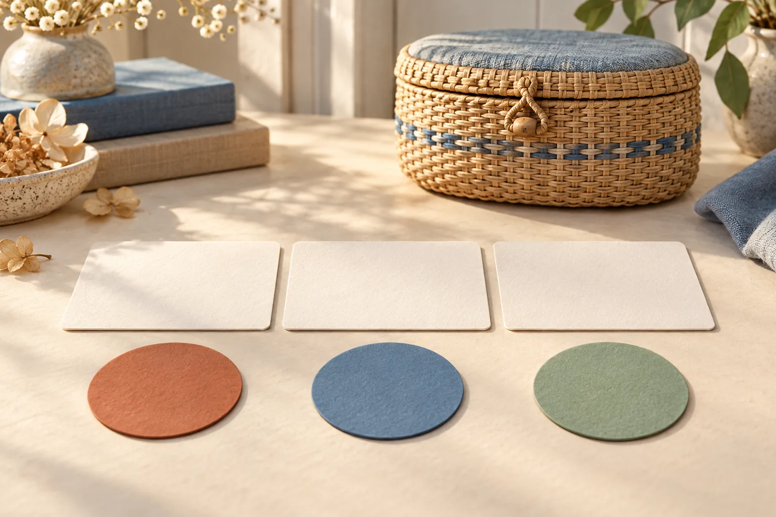 A sewing kit count puzzle keeps three blank request cards separate from three resource tokens beside a closed sewing basket, representing an assignment question.