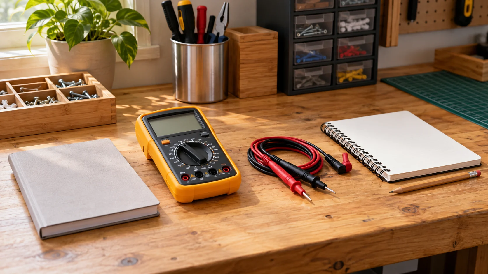 A multimeter workbench with an unpowered meter, stored leads, and a clear place for project notes.