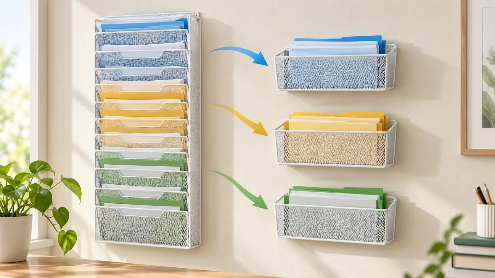 wall file organizer paper workflow: a tall wall holder and three separate baskets illustrate intake, action and finished-paper routes.