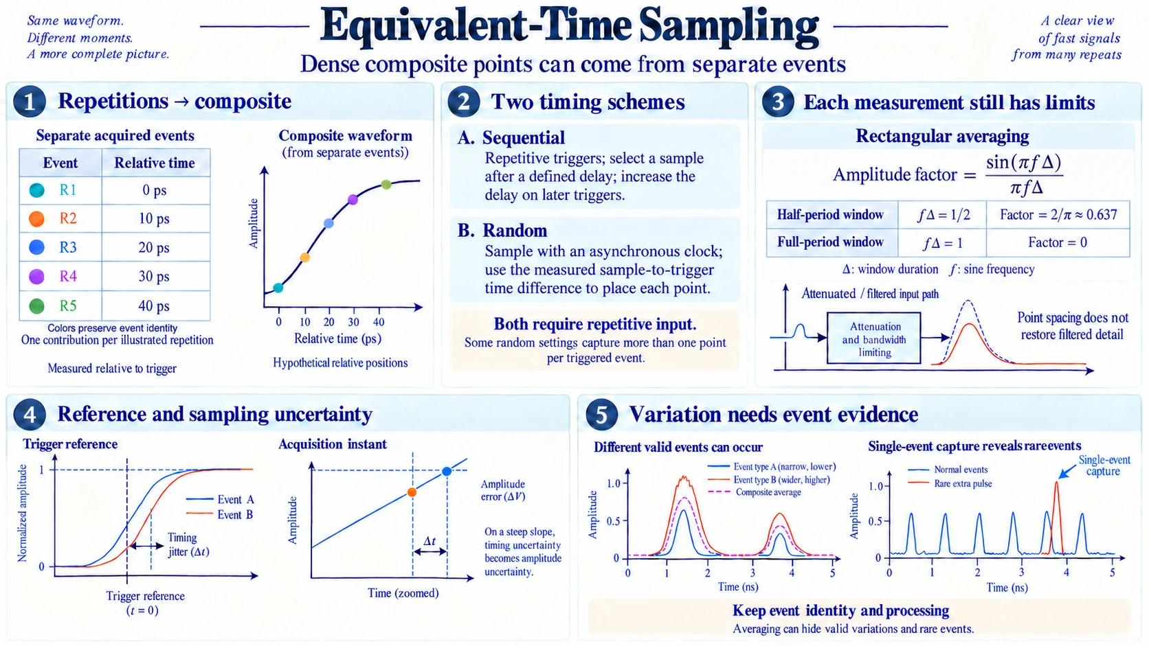 Equivalent-time sampling maps separate repetitions to composite waveform points and explains sequential and random timing, sampling aperture, trigger uncertainty and limits on single-event evidence.