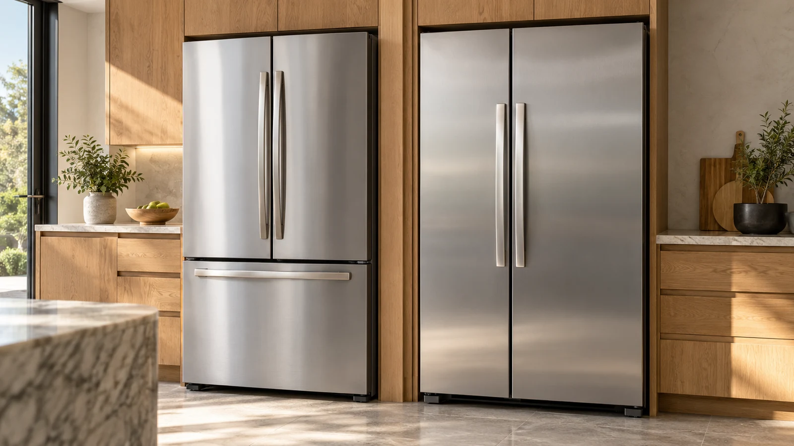 LHRIVER: Stainless steel French-door and side-by-side refrigerators stand amid wooden cabinetry.