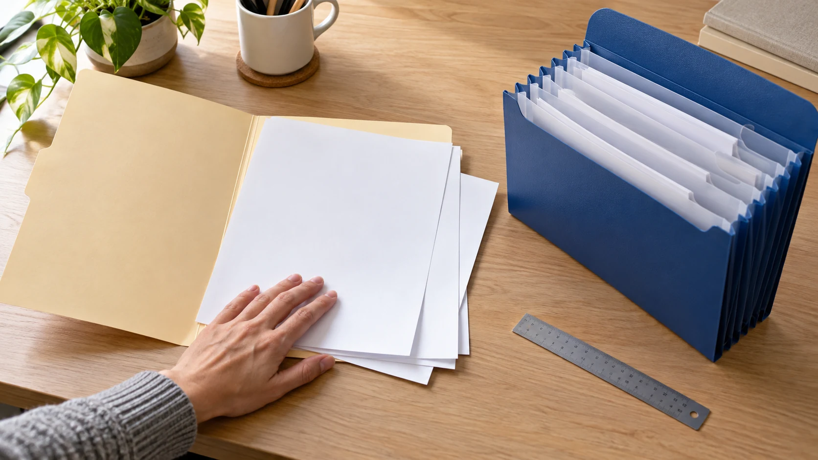 Sheets slipping from a file folder beside a blue expanding pocket holder and ruler on a desk.