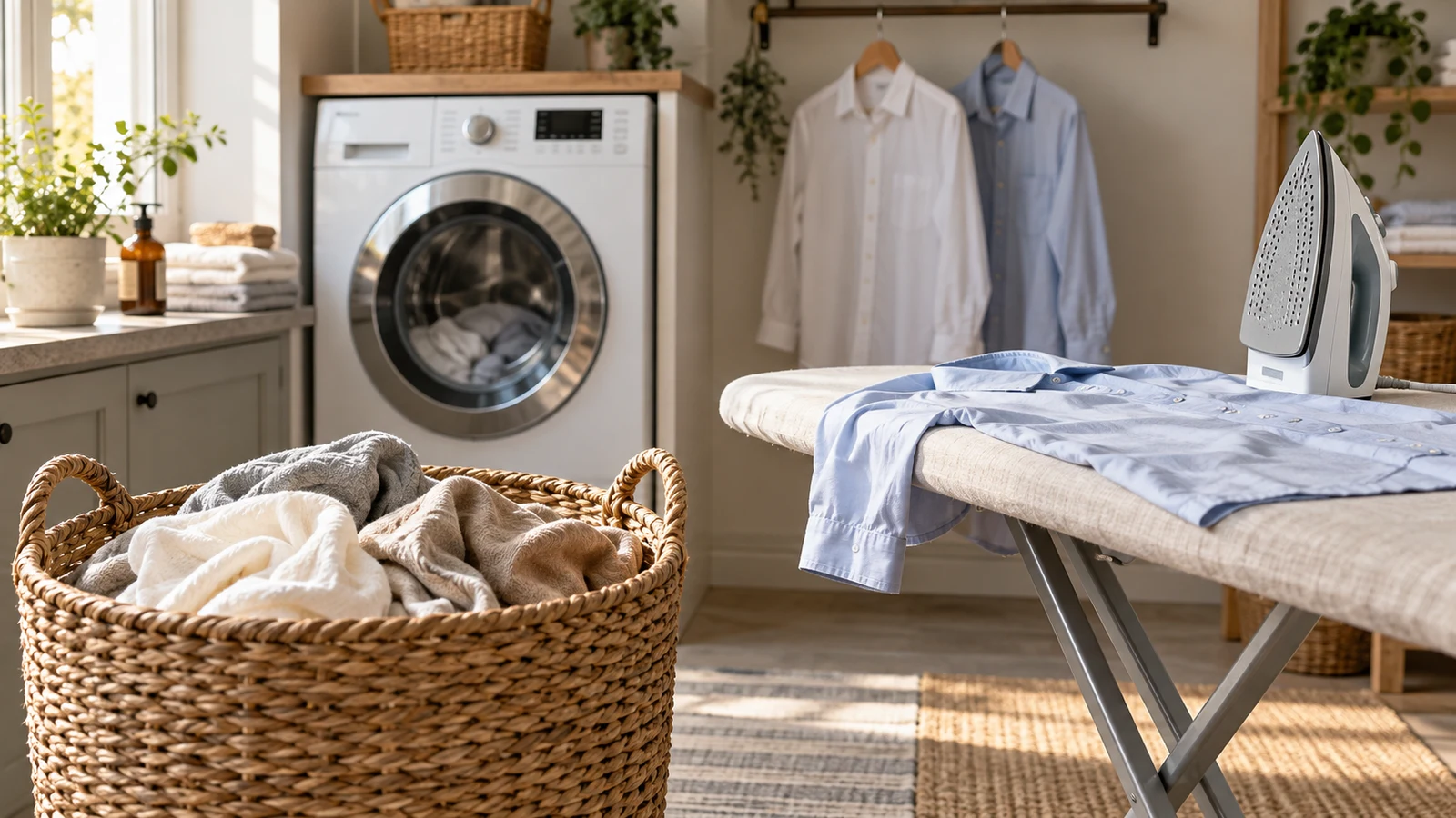 garment care planning: A laundry basket sits beside a washing machine and an ironing board holding a blue shirt and an upright iron.