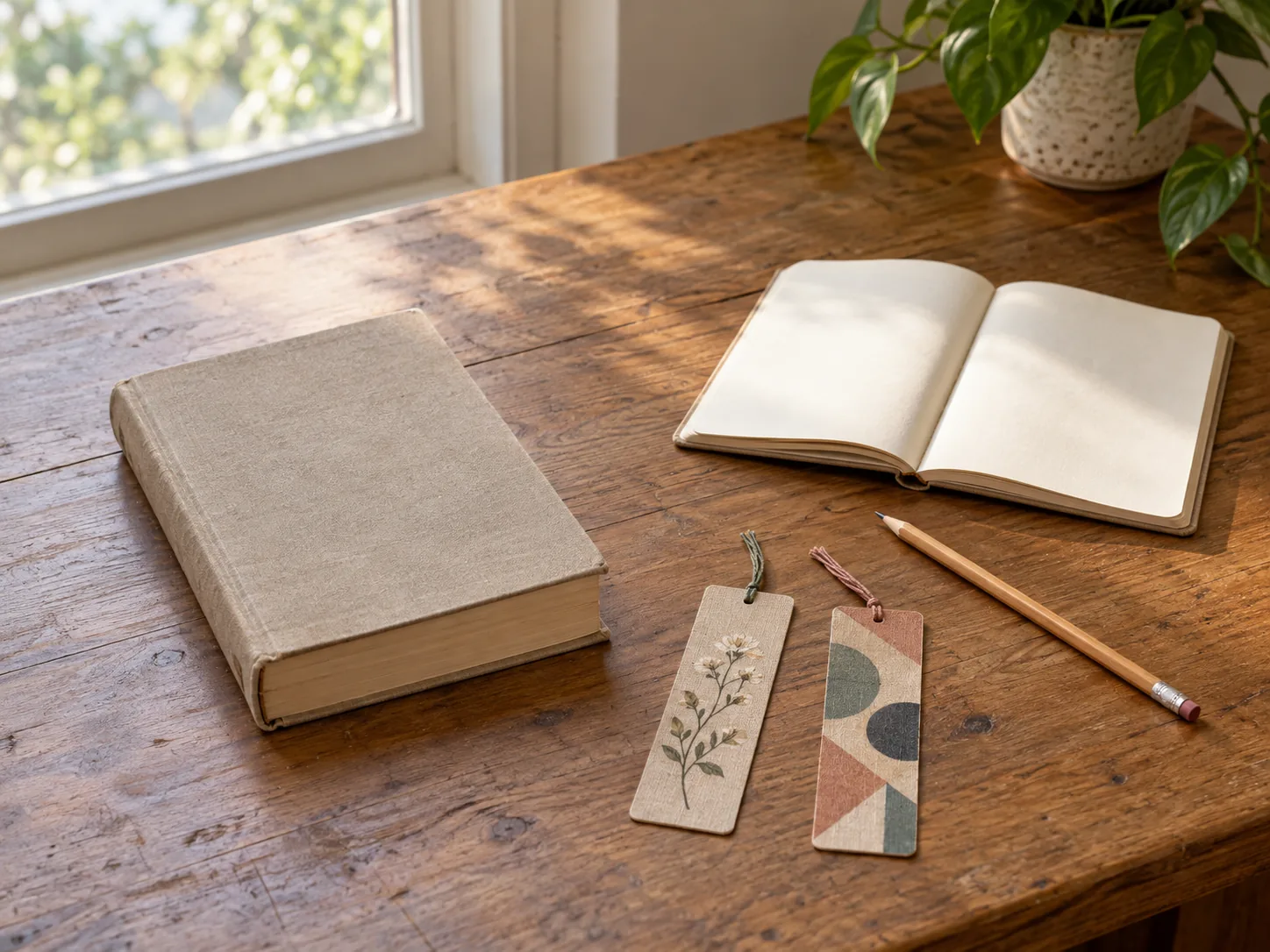 Personal rereading concept with a complete plain closed book, blank notebook, pencil and two separate generic decorative bookmarks on a home desk.