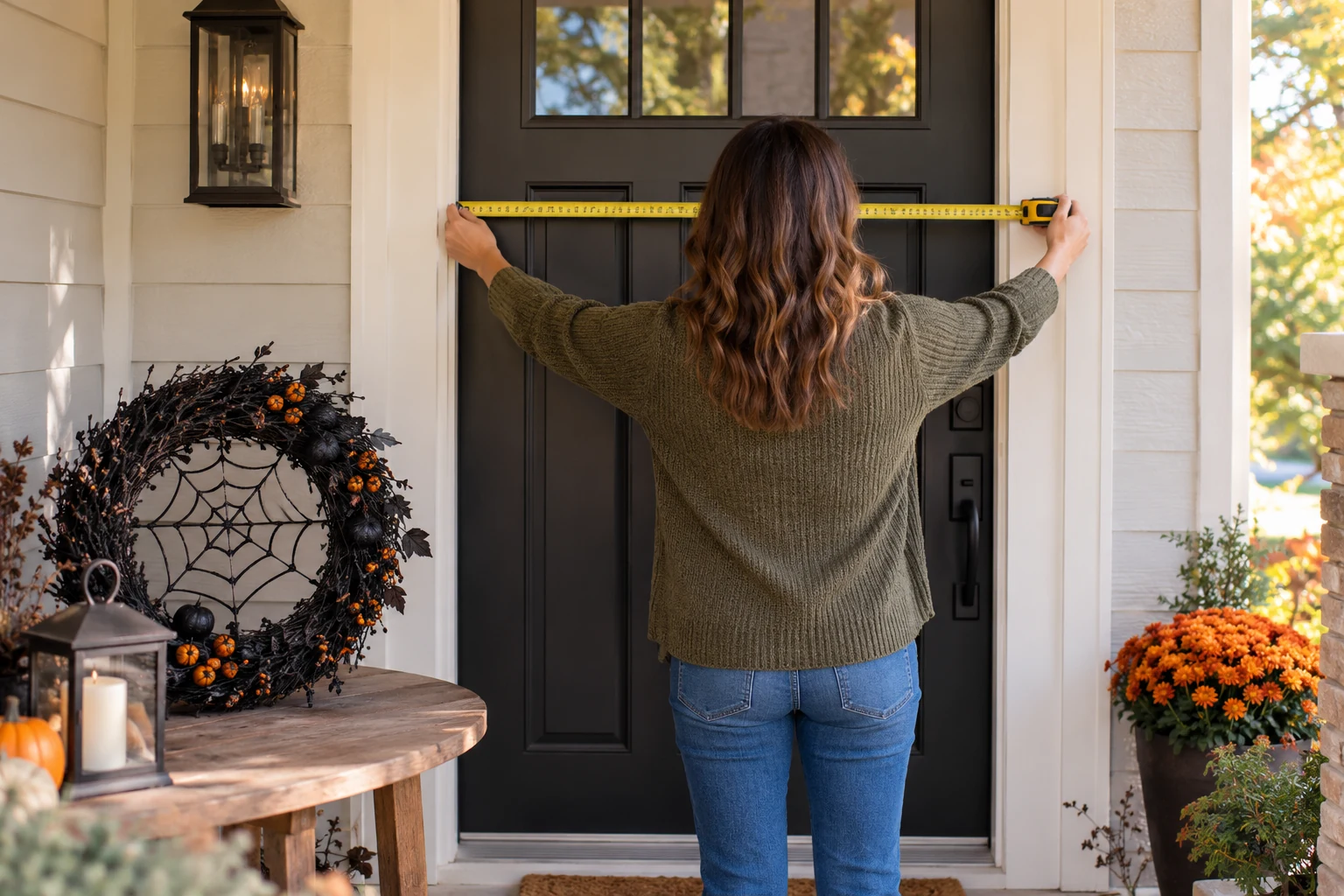 Checking Halloween wreath doorway fit as a person measures a sheltered front door with a spider-web wreath nearby.