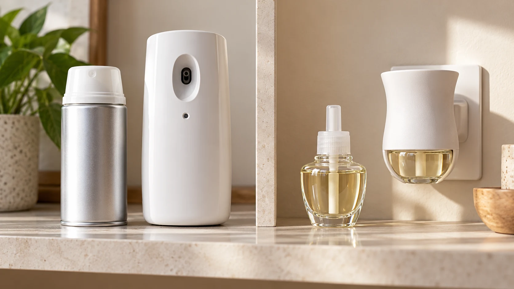 Glade refill compatibility choice shown by a generic automatic-spray can beside a separate narrow-necked oil bottle and their distinct dispenser types.