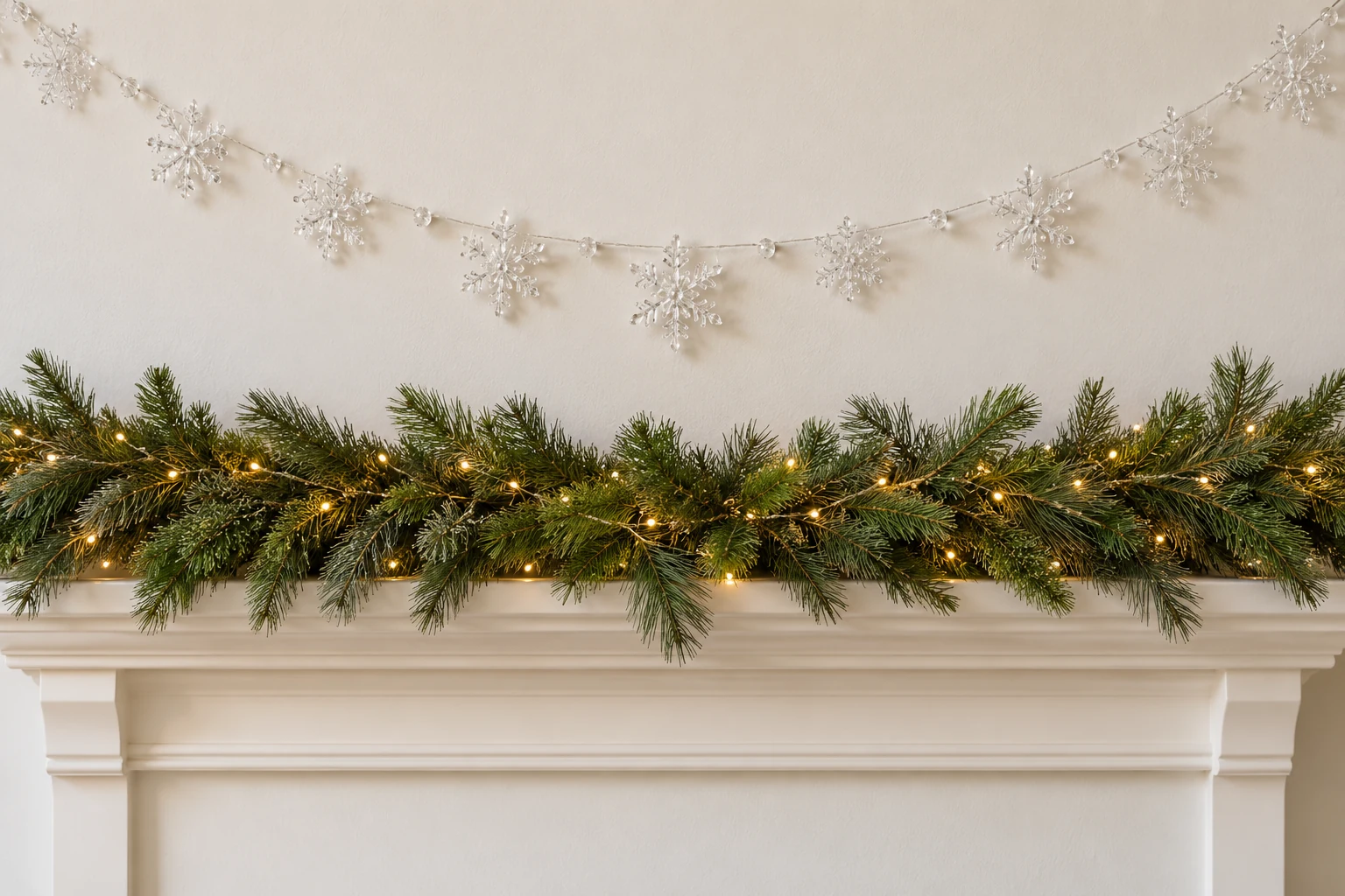 Layering Christmas garlands with a lit pine border and a separate clear snowflake strand on a mantel backdrop.