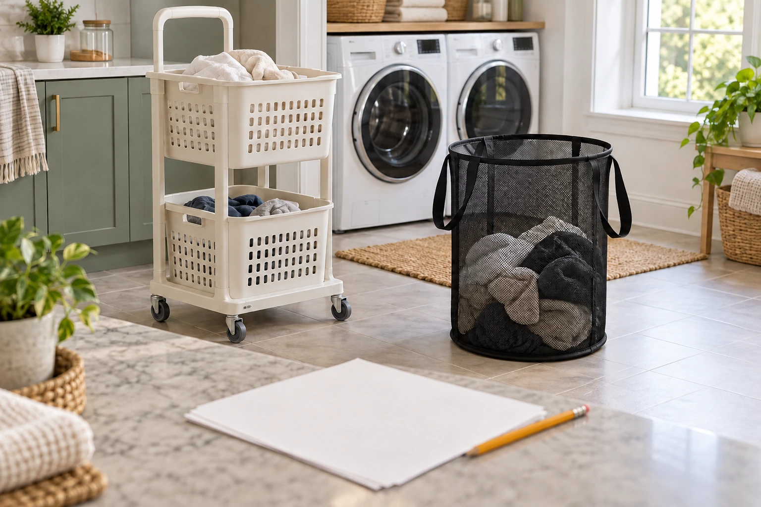 laundry hamper cost comparison with a cream two-level wheeled cart and a separate black collapsible mesh hamper beside a simple worksheet.