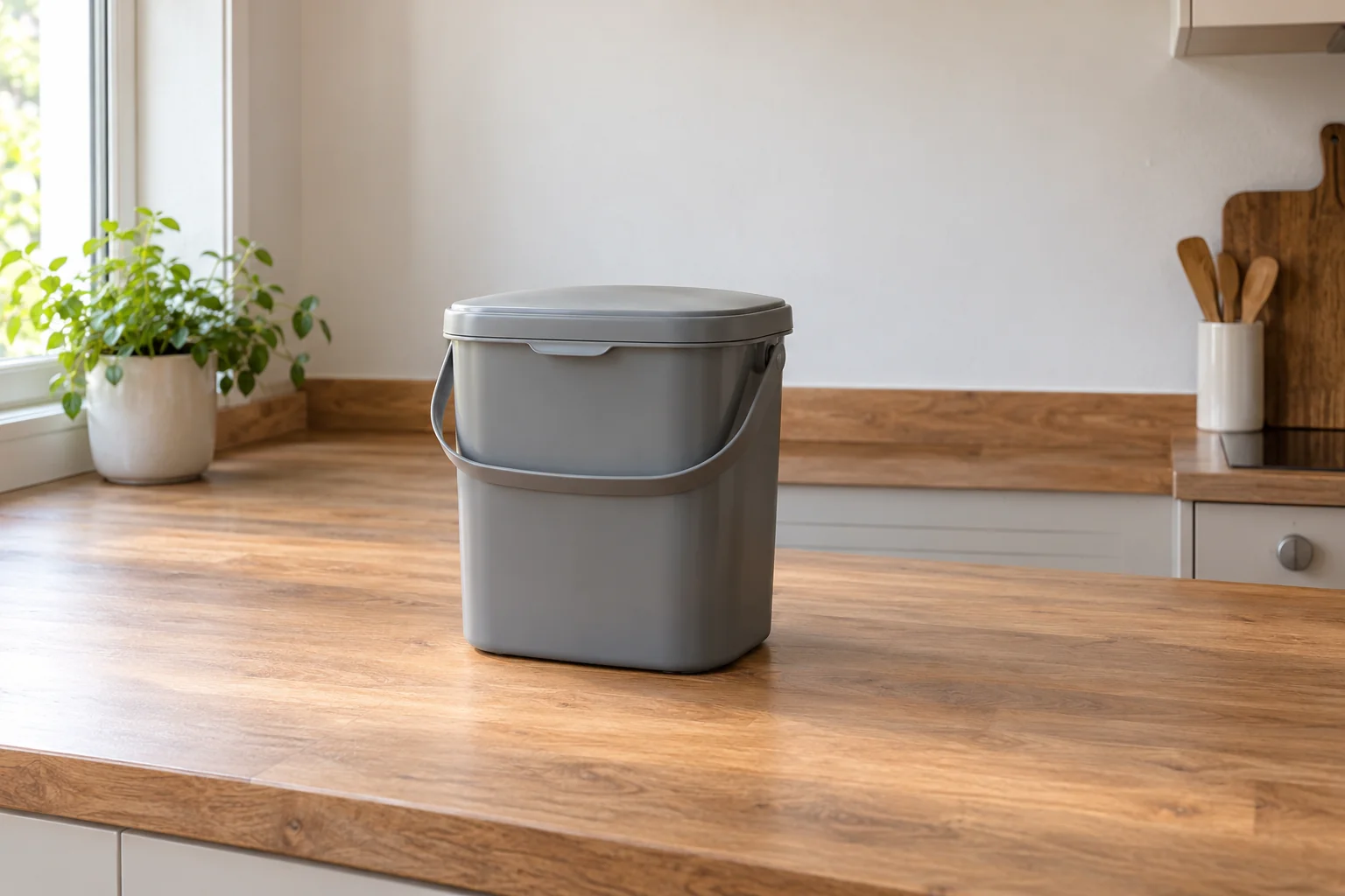Food scrap bin cost planning with a plain closed collection container on a kitchen counter.