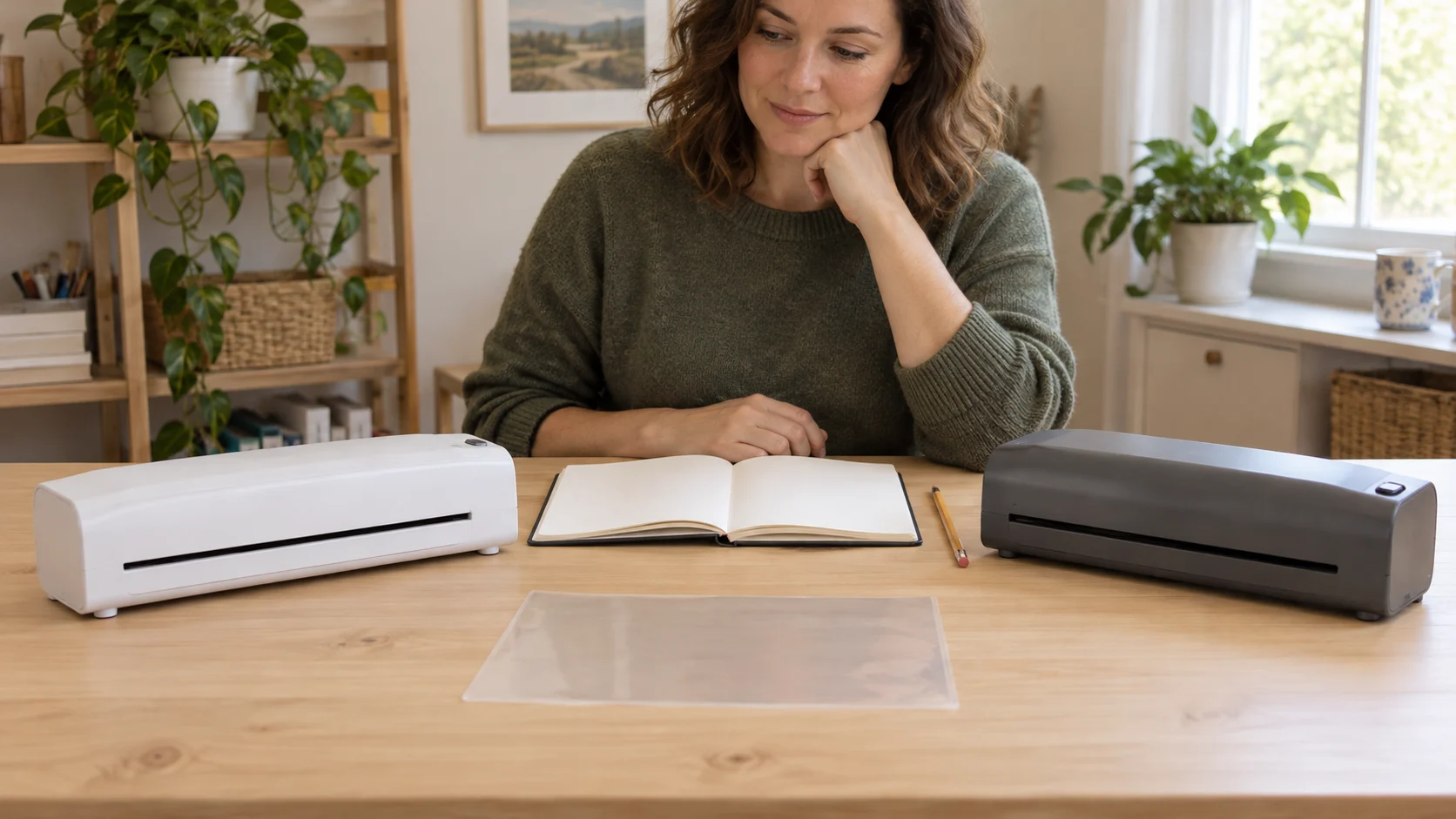 Halo 95 pouch does not completely seal, illustrated conceptually by two whole generic desktop laminators beside an adult and an unmarked pouch.