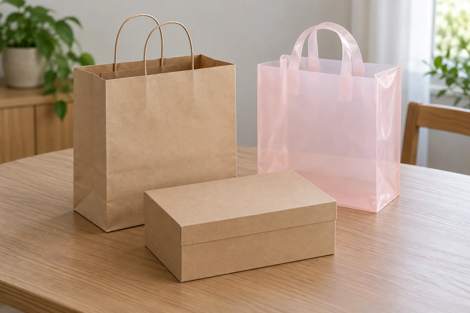 Gift bag fit problems: a boxed present outside two open bags highlights the difference between opening clearance and the body height needed for the intended presentation.