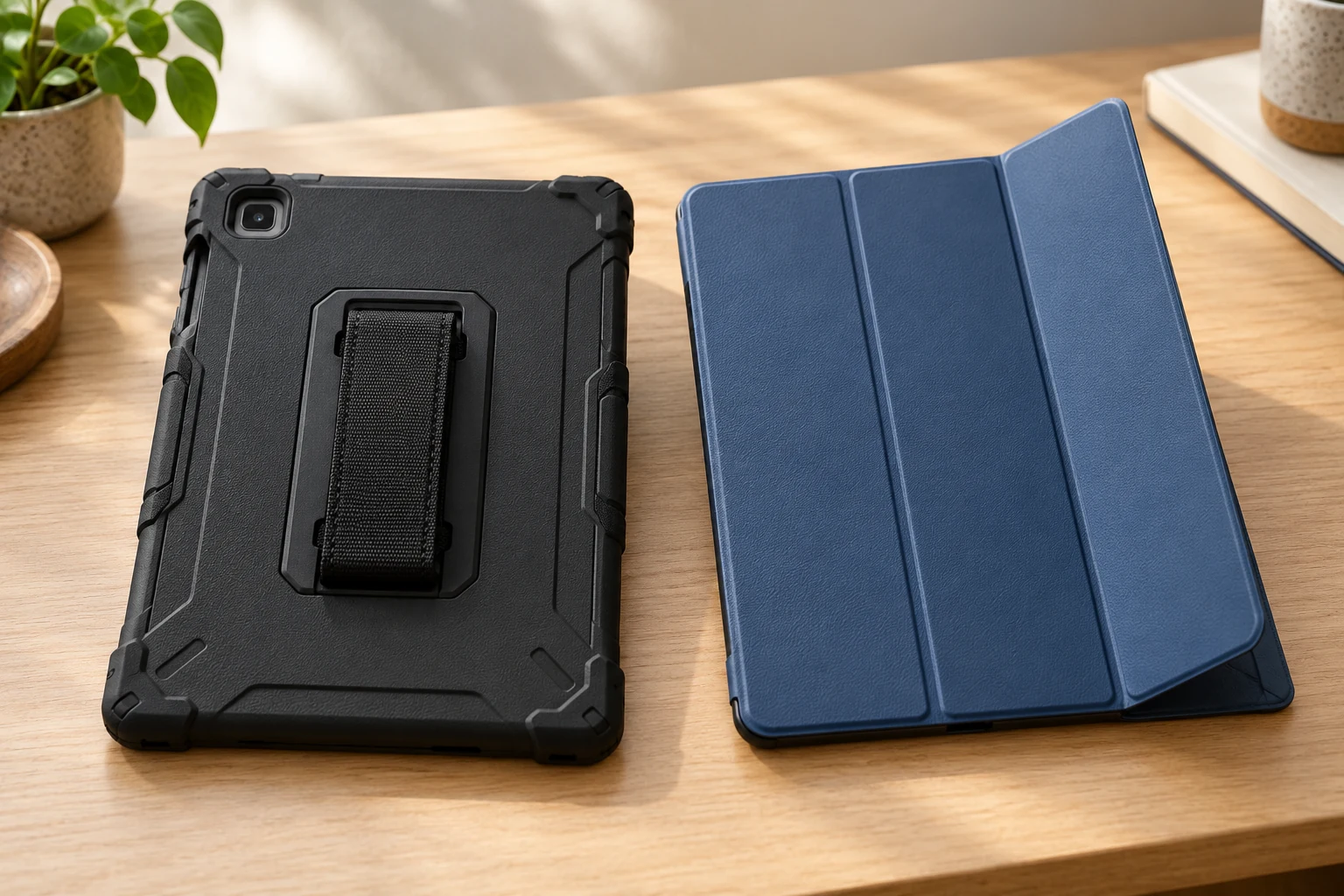 Galaxy Tab S6 Lite case fit choice between a black hand-strap shell and a blue folding folio for a confirmed 2020/2022 tablet
