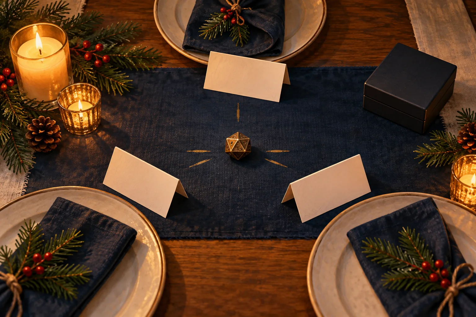 At a holiday dice table, three blank guest place cards surround one shared die while a closed unbranded box rests aside.