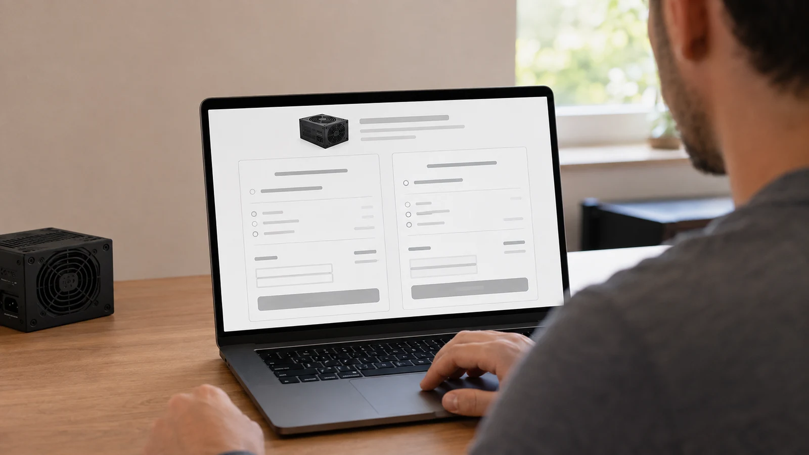 USDC vs USDT for shopping: An adult faces two side-by-side panels on a laptop beside a black power supply on a wooden desk.