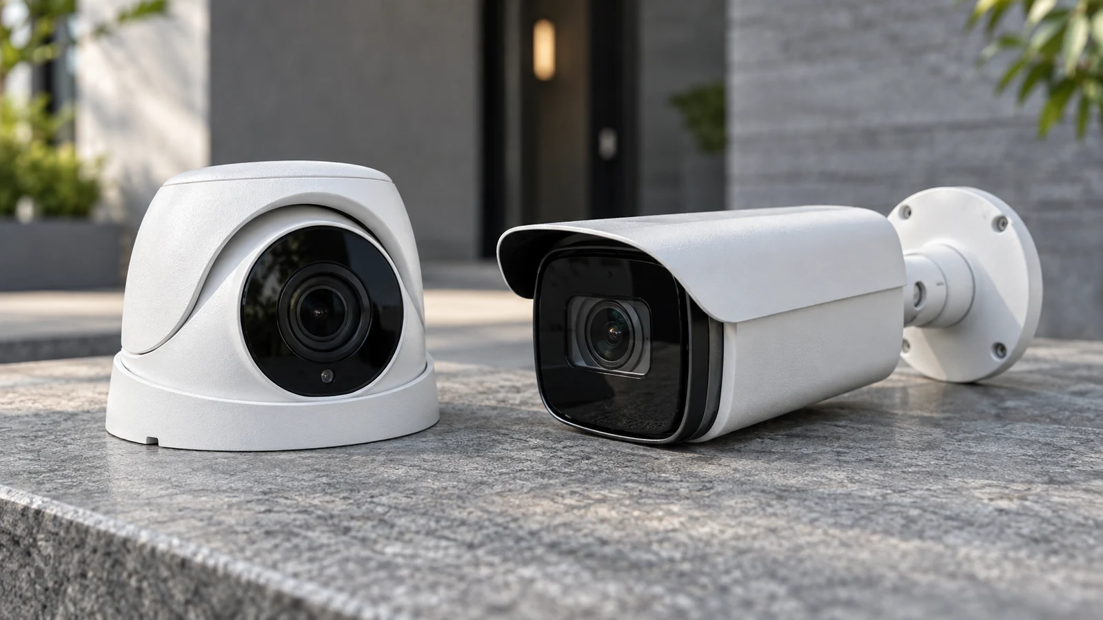LTS Future 8MP camera: Two white security cameras sit side by side on a gray stone surface near a doorway.