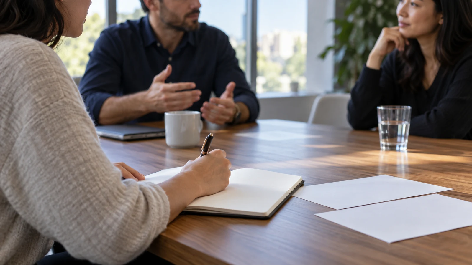 meeting minutes: Three adults sit around a wooden table, with one holding a pen over an open notebook.