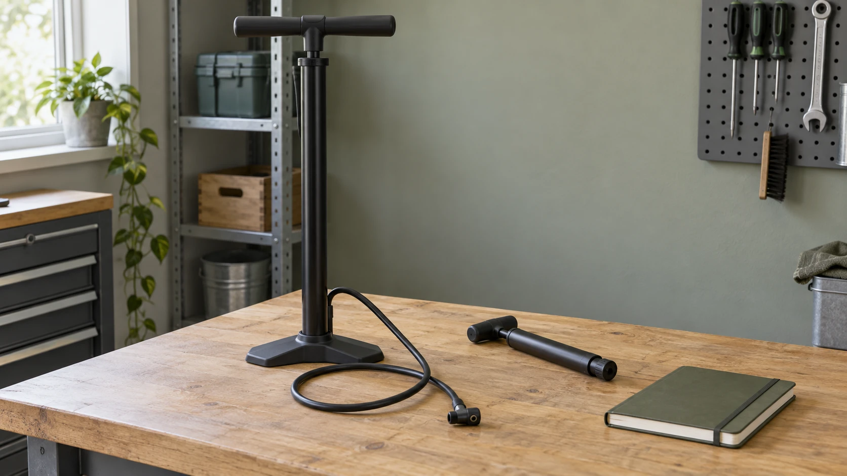 Bicycle pump valve compatibility concept with a whole generic inactive floor pump, complete hose, compact hand pump and notebook.