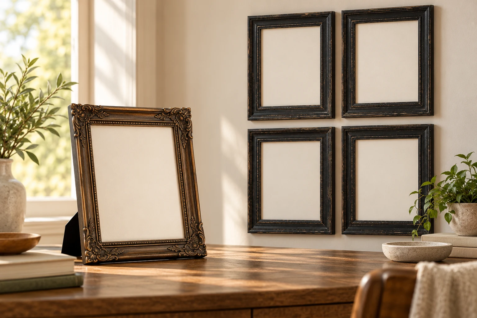 8x10 picture frame cost illustrated by one bronze tabletop frame beside four distressed black wall frames with blank inserts.
