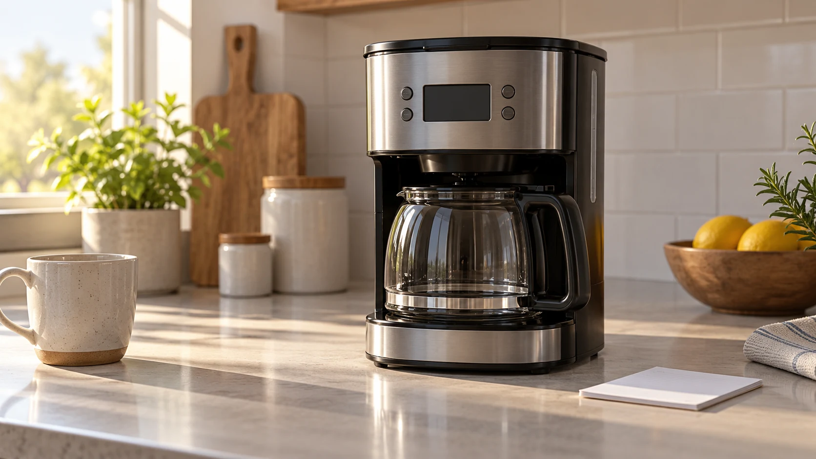 programmable coffee maker delay brew check shown by an idle coffee maker, empty carafe and blank setup note on a kitchen counter.