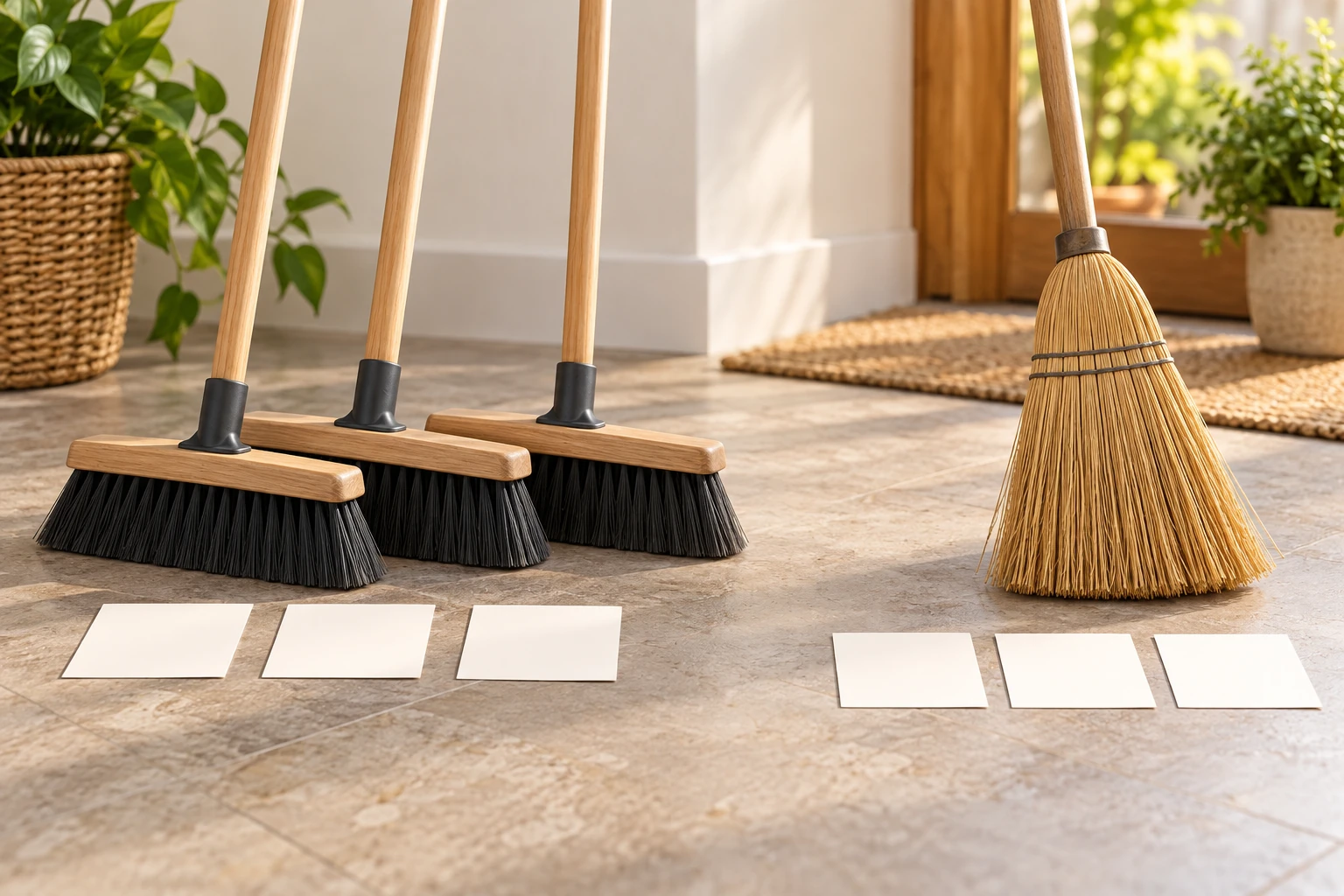 Shared broom pack savings planned with generic grouped push brooms, a separate corn broom and blank household allocation cards, separating confirmed shares from unclaimed tools