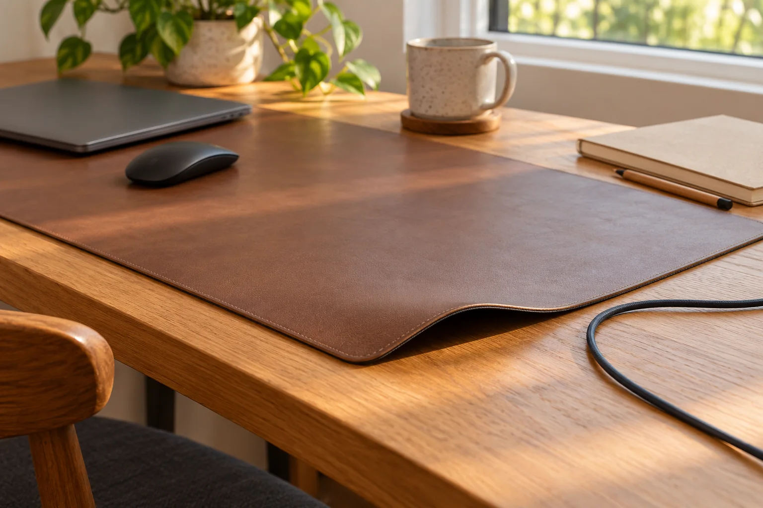Desk mat edge lifting at a front corner on a wooden desk, with a cable nearby and notebook set aside.