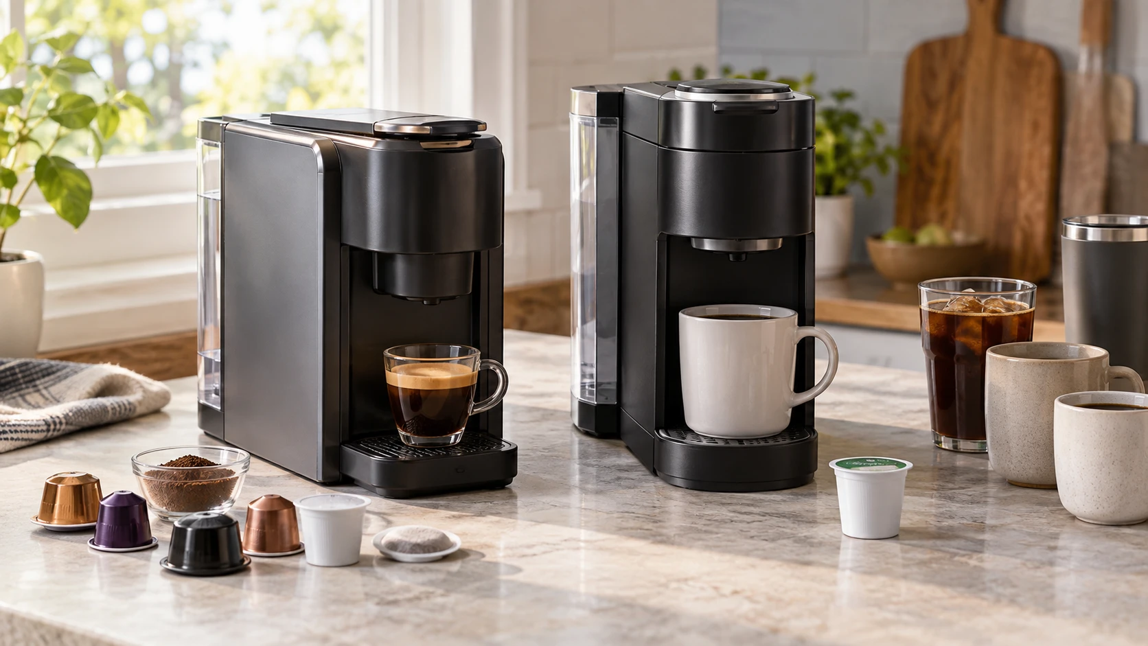 For five-format capsule and espresso-powder machine, consider pod fit, cup sizes, controls, water tank and cleanup.
