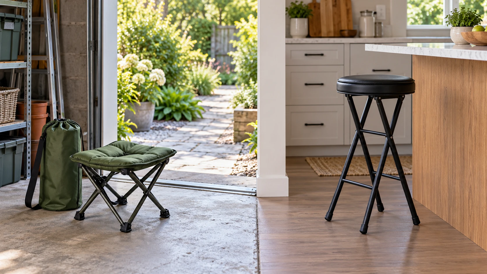 folding stool venue fit shown by a low green padded stool with a carry bag near a doorway and a taller black indoor bar stool beside a kitchen counter.