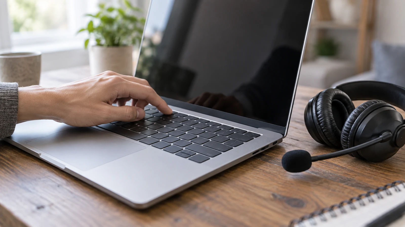 Dell Inspiron microphone mute checks: A hand presses a laptop key beside a headset on a wooden desk.