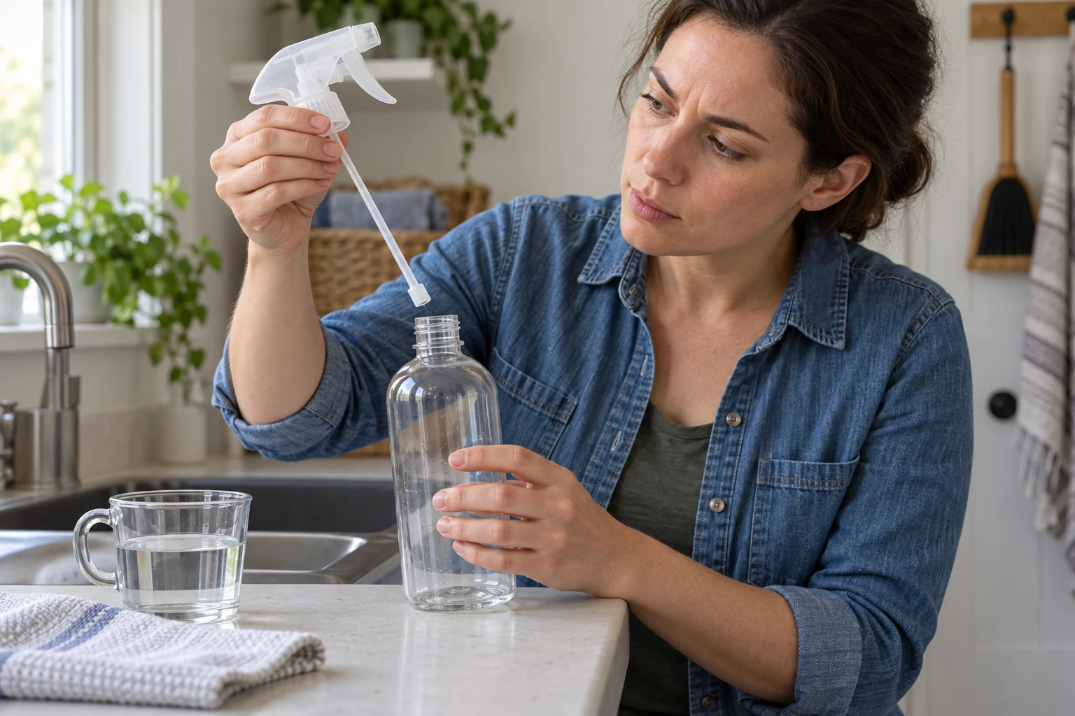 A trigger spray bottle stops misting as a person inspects the removable head and dip tube above a clean empty bottle.