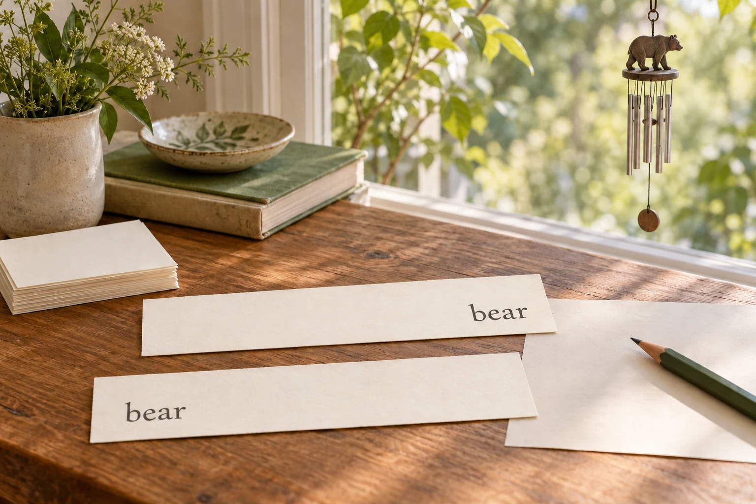 A wind chime word-chain poem planned with linked word cards beside an animal-motif chime.