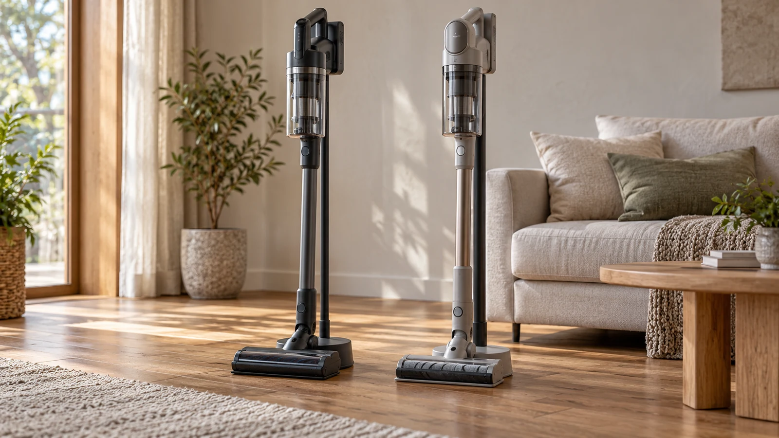 BLACK+DECKER vs Electrolux cordless vacuums: Two stick vacuums stand on a wooden floor beside a sofa.