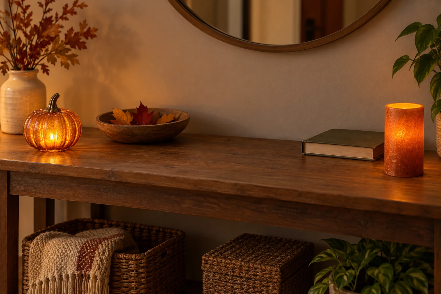 arrange autumn flameless candles on a shelf with a pumpkin-shaped LED accent and a separate russet pillar, leaving clear space for everyday use.