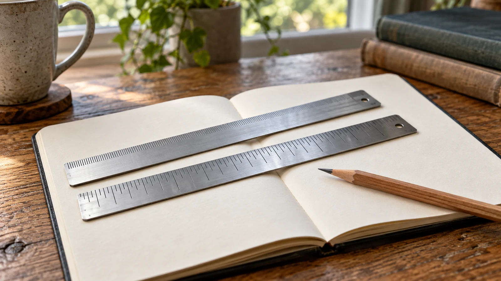 chart axis scales: Two metal rulers and a wooden pencil rest on an open blank notebook.