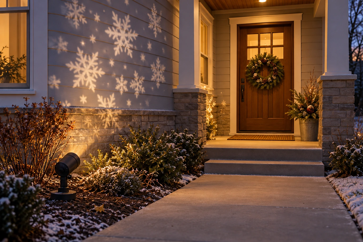 small porch snowflake projector ideas for the holidays with a controlled wall pattern and clear front path.