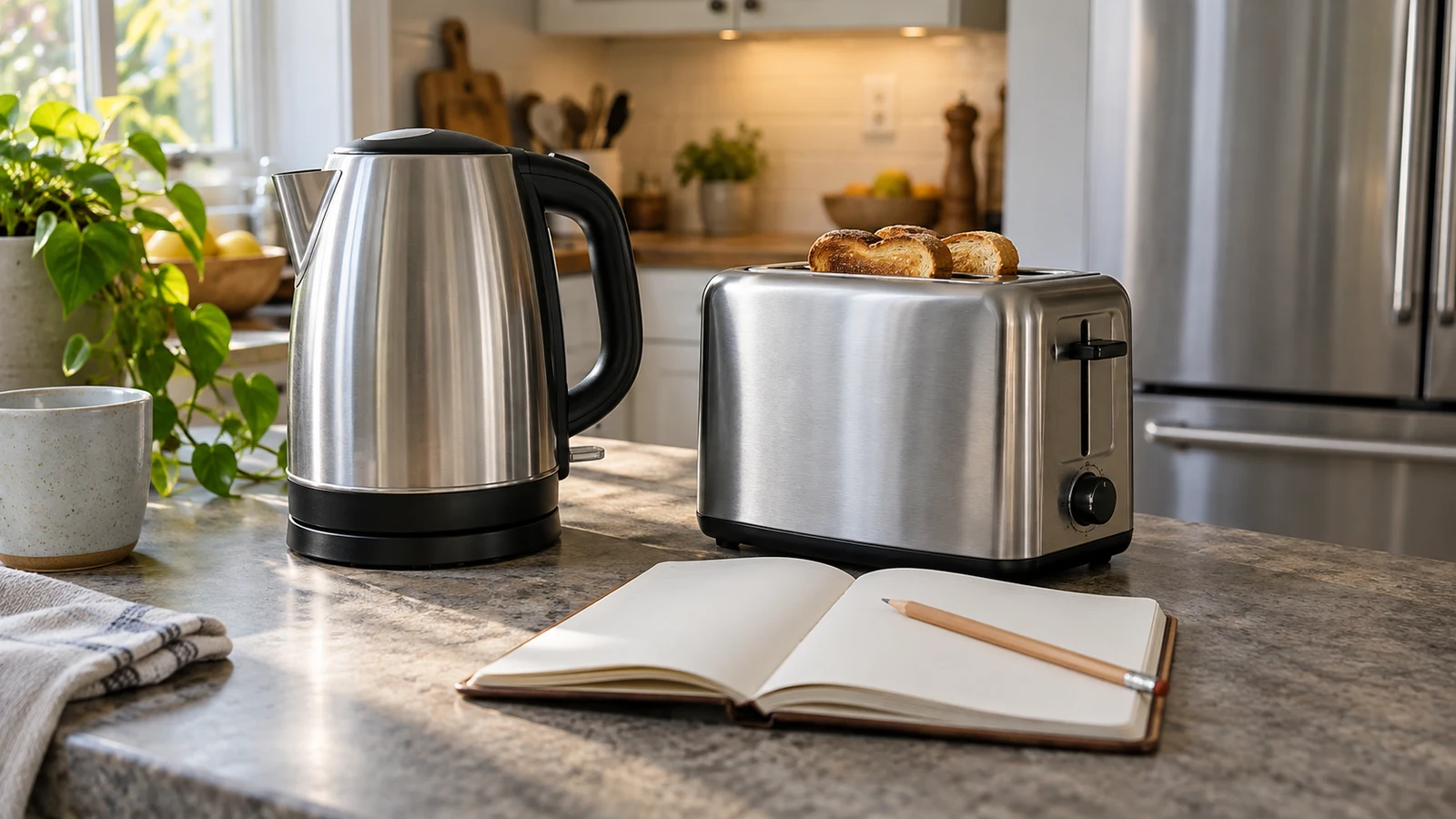 appliance electricity use: A kettle and toaster sit on a kitchen counter beside an open notebook.