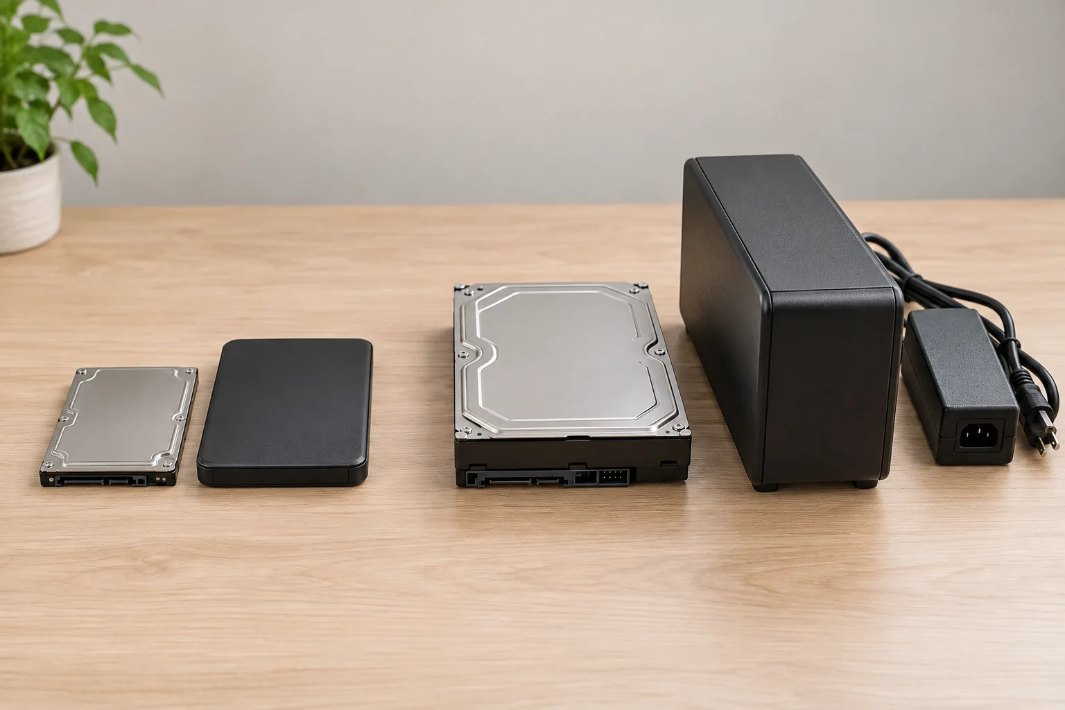 External drive enclosure compatibility illustrated by a small 2.5-inch SATA drive beside a matching compact case and a larger 3.5-inch SATA drive beside a powered case