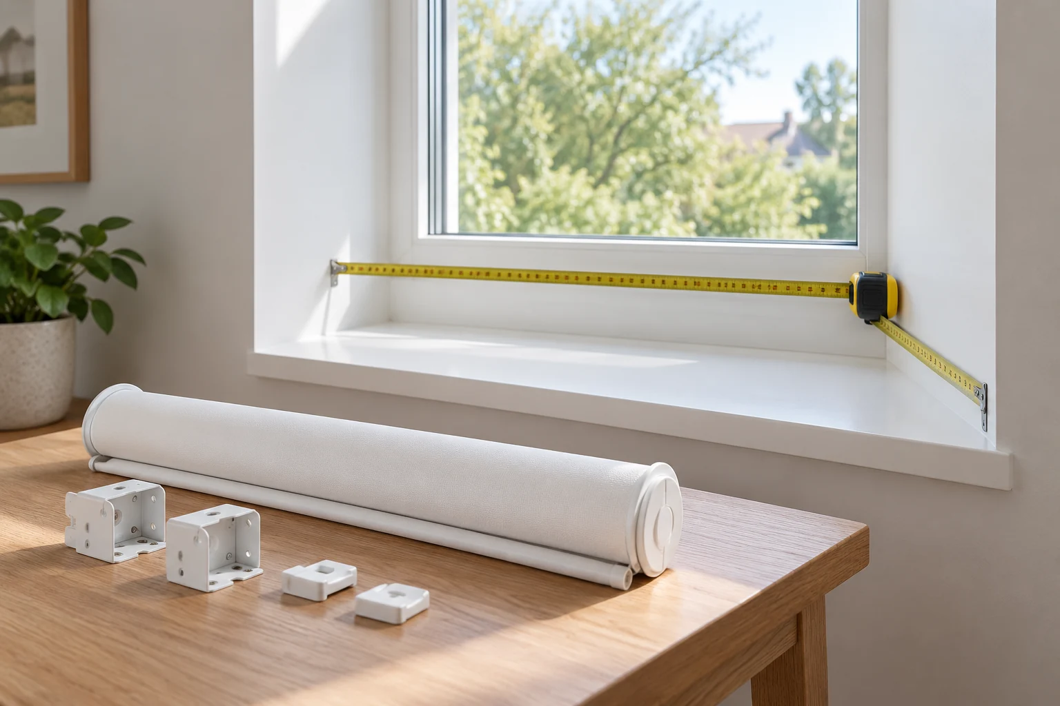 cordless roller shade inside-mount fit illustrated by an uninstalled white shade and brackets beside a window recess with a tape measure spanning width and depth.