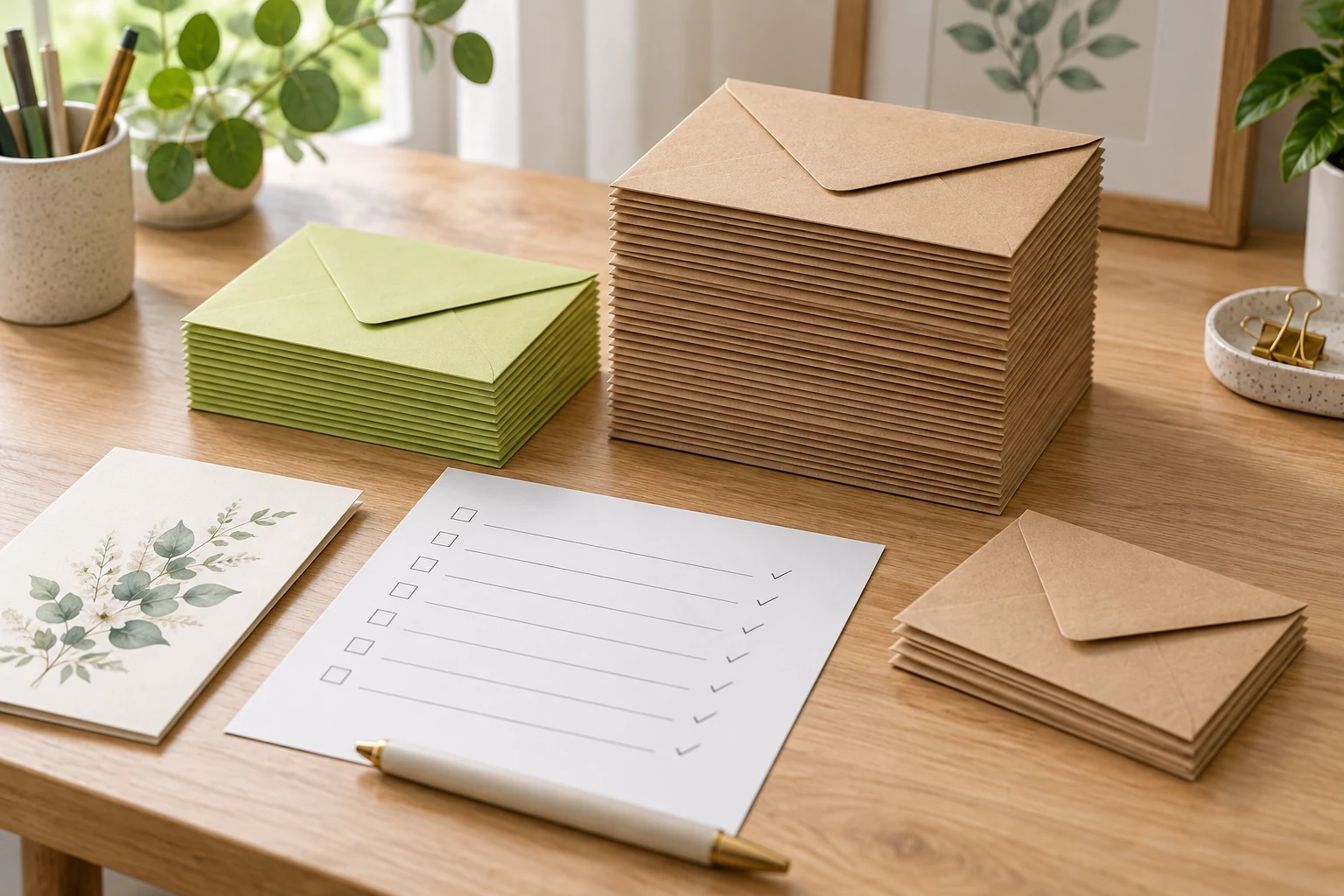 A10 invitation envelope pack count worksheet beside a short and tall stack of invitation envelopes, with a separate correction reserve.