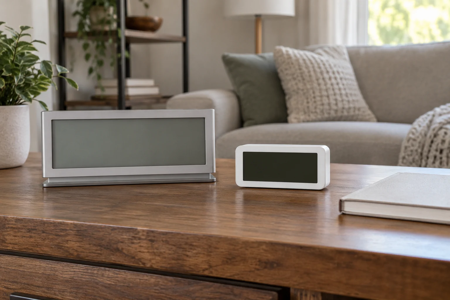 La Crosse clock changing time concept with two complete generic inactive digital clocks showing blank screens on a living-room console table.