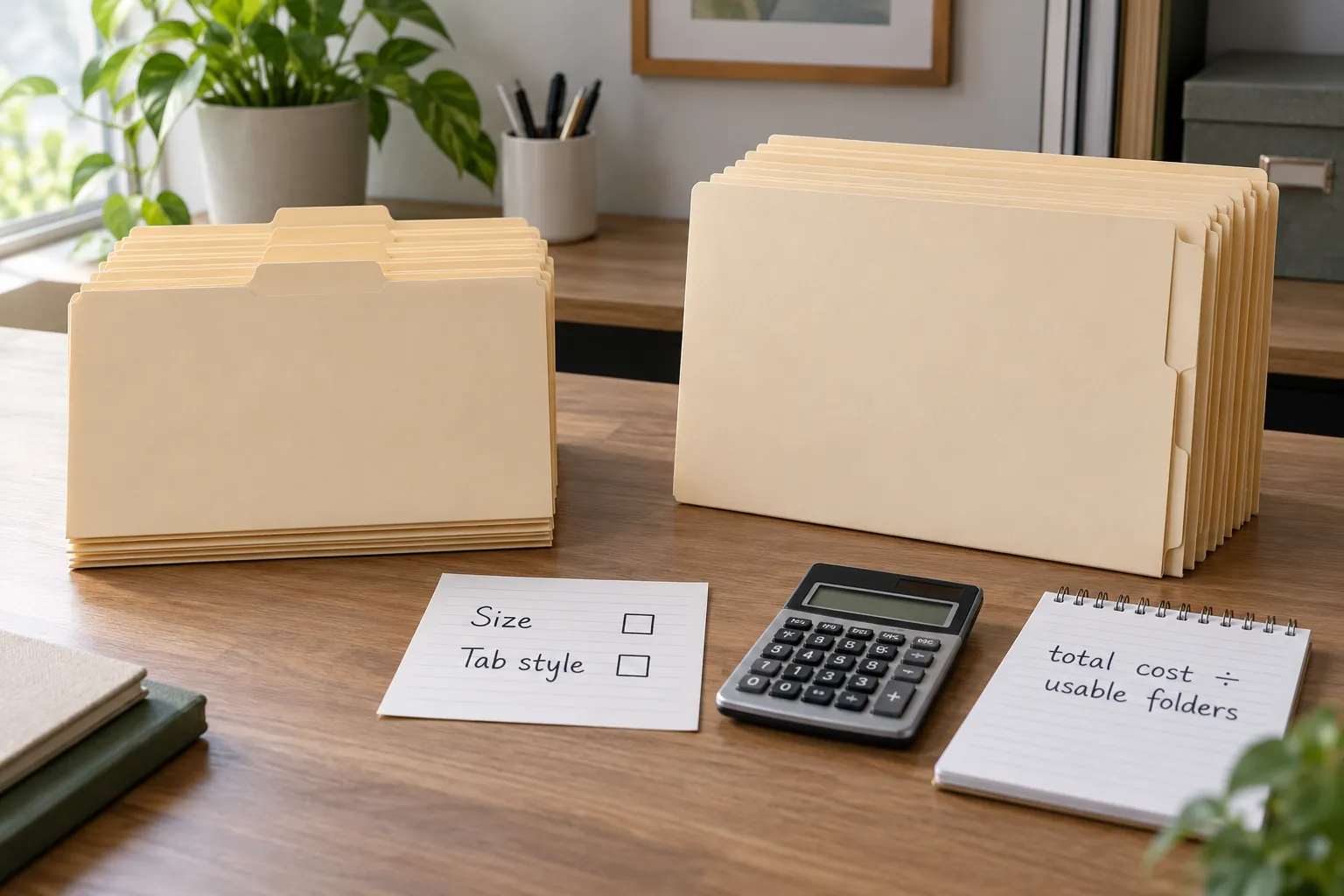 file folder pack value comparison with two folder stacks, a required size and tab-style checklist, and a cost-per-usable-folder calculation
