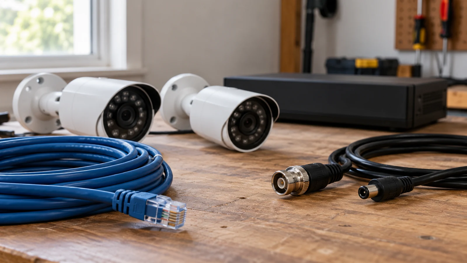 ZOSI PoE vs VideoSecu camera system: Two white security cameras, coiled cables and a black recorder sit on a wooden workbench.