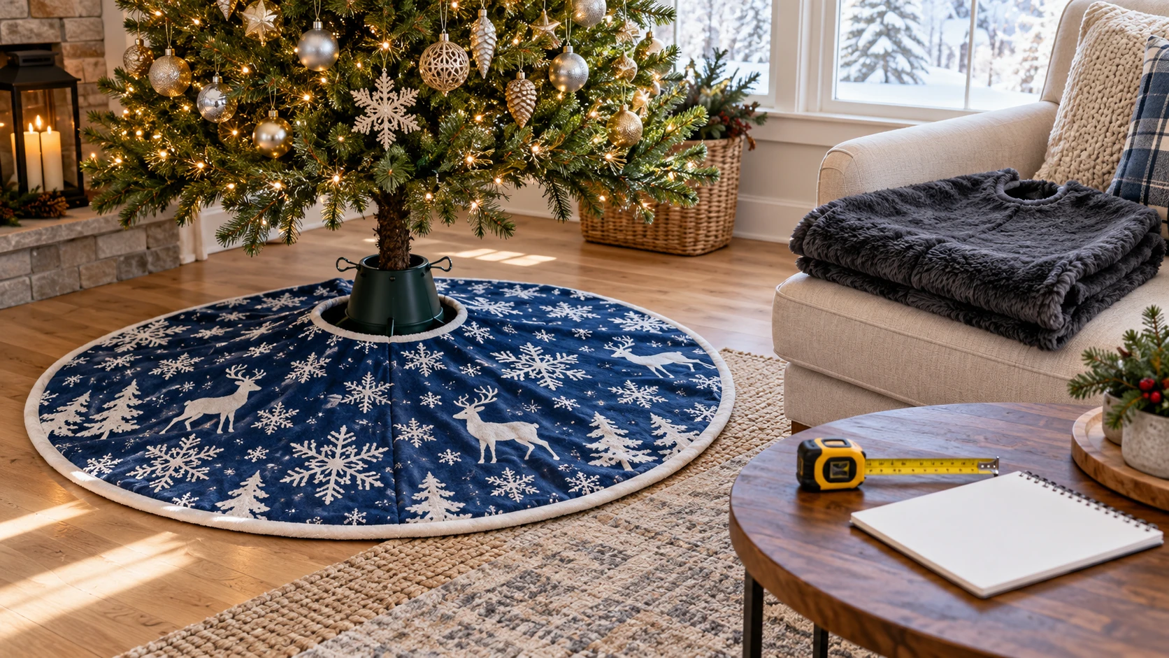 Christmas tree skirt replacement checklist: a blue patterned skirt lies under a tree, with a folded dark skirt, tape measure and blank checklist nearby.