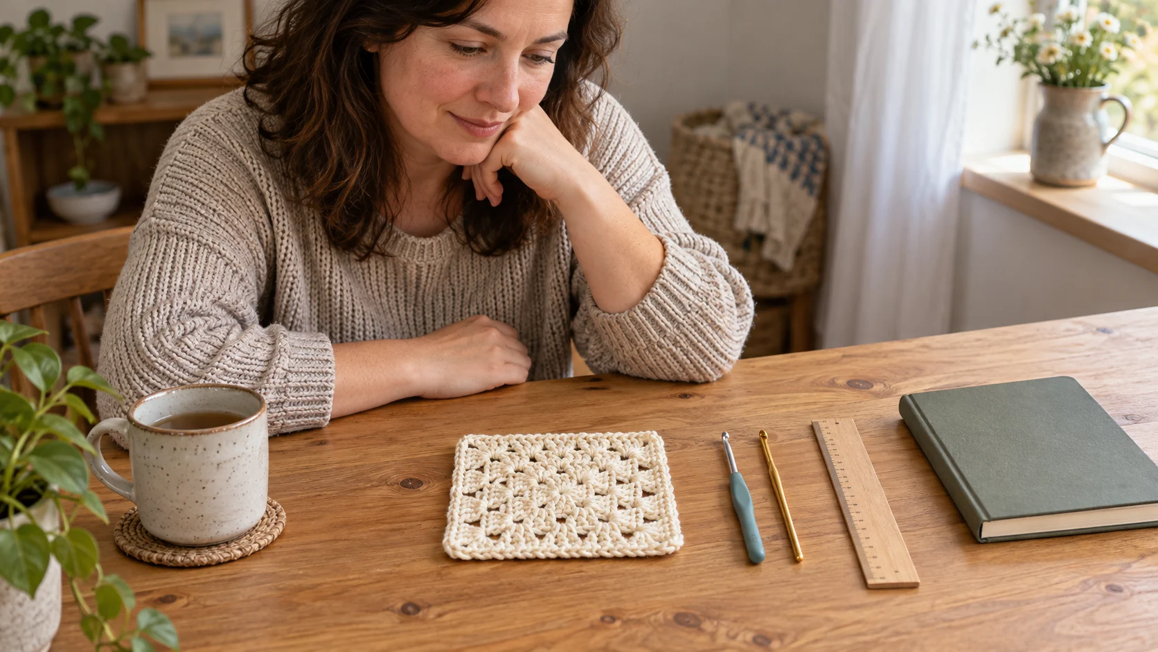 Crochet gauge matches width but not height, illustrated conceptually by an adult examining a whole fabric sample beside two generic hooks and a ruler.