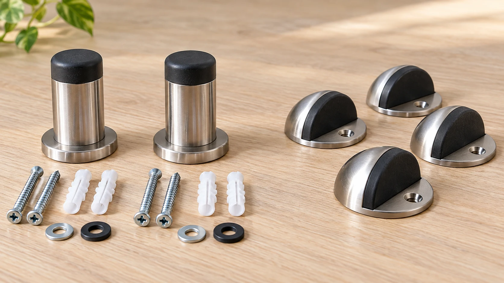 Floor door stop kit contents laid out as cylindrical stop bodies and loose mounting pieces beside low dome stops
