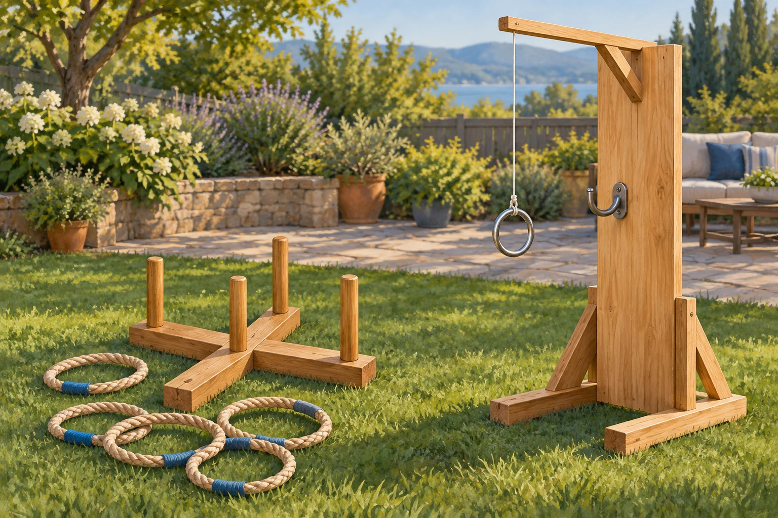A comparison of ring toss game types contrasts loose rings beside a peg target with a tethered ring beside a mounted hook.