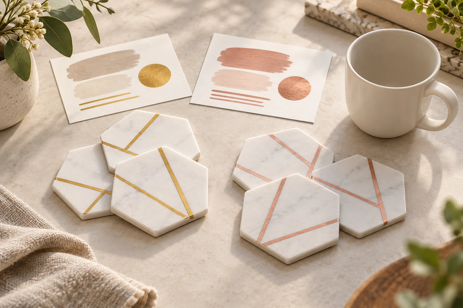 Coaster accent styling considered with generic white hexagonal coasters bearing gold and rose-gold accents beside two simple palette sketches and a plain empty cup