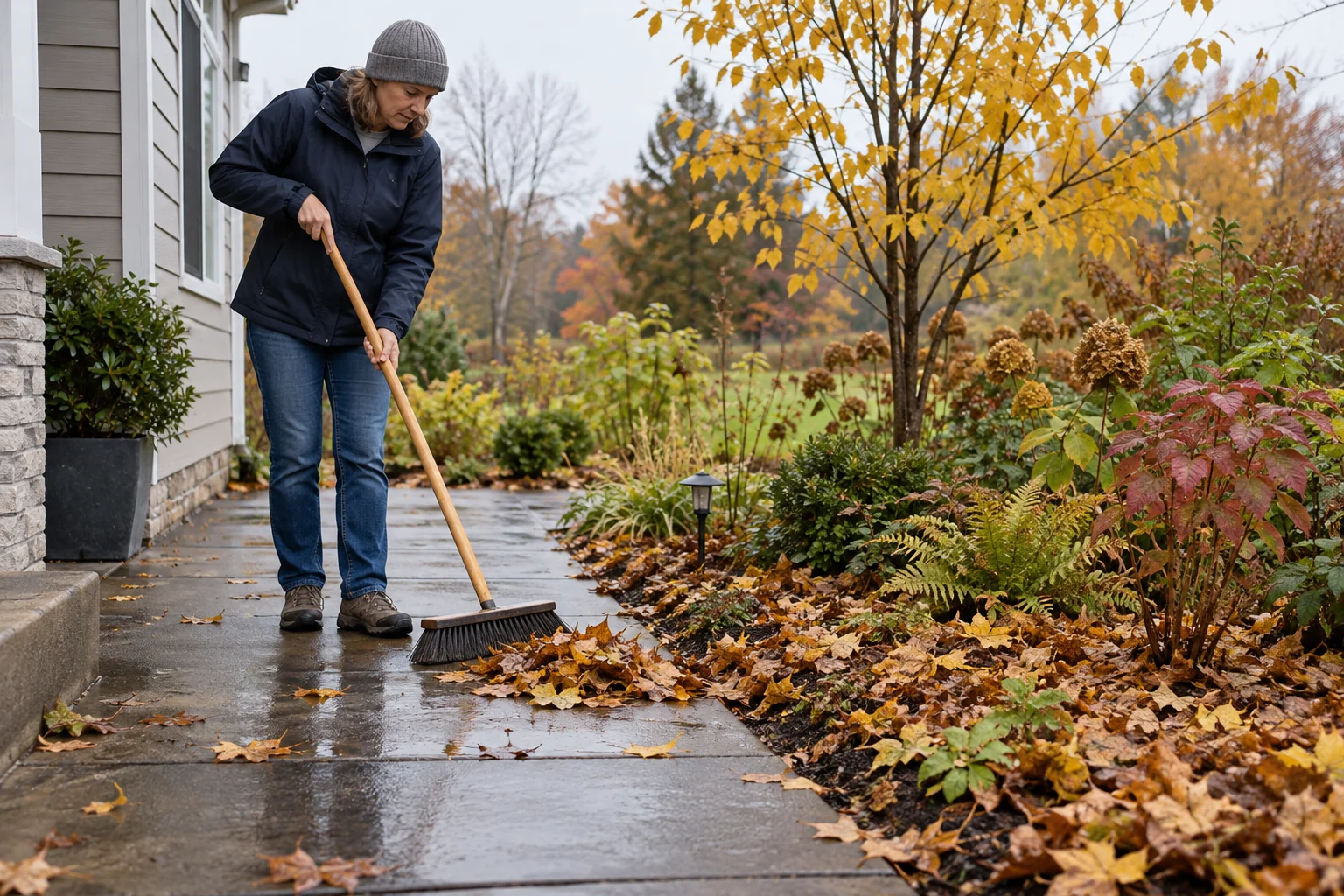 Fall leaf cleanup keeps paved runoff paths clear while retaining suitable garden habitat and choosing brooms for the accessible area.