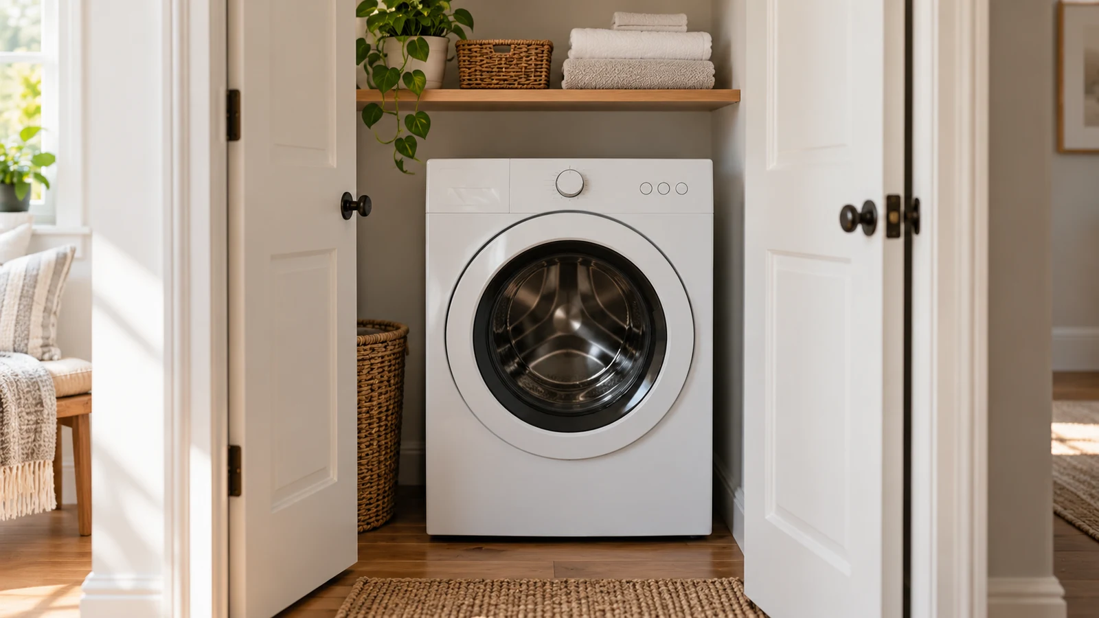 Whirlpool washer WFW4720RW: A white front-loading washer stands in an open closet beneath a wooden shelf.
