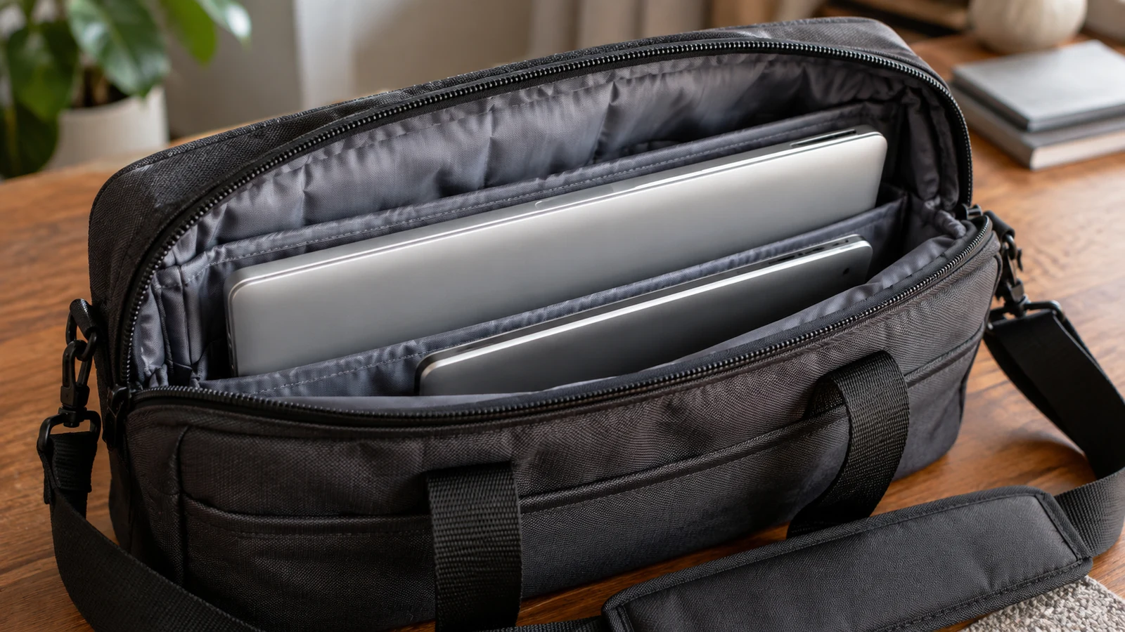 Dell Inspiron bag fit: A silver laptop and tablet sit in separate padded compartments of an open charcoal bag on a wooden desk.